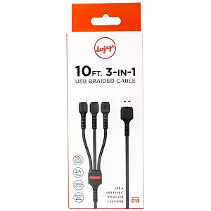 Deejays Braided USB 3 in 1 Cable 10FT