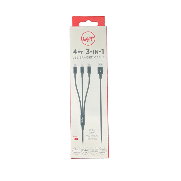 3 in 1 USB Braided Cable 4ft.